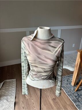 See You Monday Sheer Wave-Print Long Sleeve Top in Sage and Blush